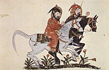 A scene from the book of Ahmad ibn al-Husayn ibn al-Ahnaf, showing two galloping horsemen by an Iraqi painter, 1210 Irakischer Maler um 1210 001.jpg