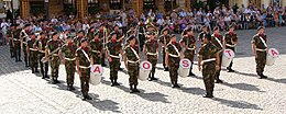 Miembros de la banda uniformados de pie en formación, el líder de la banda al frente.