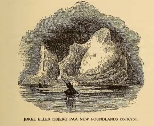 Jøkel eller isbjærg på New Founlands østkyst. Illustrasjon fra P.P. Iverslie: Gustav Storms studier over Vinlandsreiserne. Publ. 1912. Minneapolis.