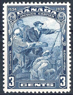 Jacques Cartier (circa 1491-1557), Canada Post 3 cents stamp 1934, designed by George Arthur Gundersen (1910-1975)[4][5]