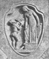Reliefmedaillon von de:Jakob Brüllmann über der 1. Säule (von links) des Säulengangs des Kunstgebäudes in Stuttgart, 1913. Darstellung einer Szene aus einem Werk eines schwäbischen Dichters.