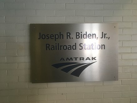 The plaque commemorating Wilmington's train station to Biden