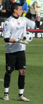 Darlow playing for Newport County in 2012 Karl Darlow 14-04-12.png