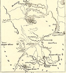 Kaart van Katanga rond 1890 met daarop de mijnen weergegeven.