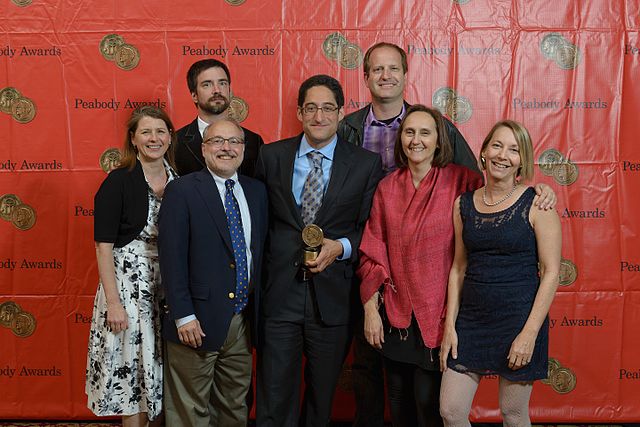 A Peabody Award for Reveal: The VA's Opiate Overload. L to R: Kerri Hoffman, Ben Adair, John Barth, Aaron Glantz, Jake Shapiro, Susanne Reber and Amy 