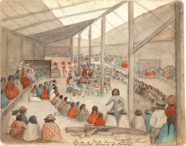 Watercolor by James G. Swan depicting the Klallam people of chief Chetzemoka at Port Townsend, with one of Chetzemoka's wives distributing potlatch