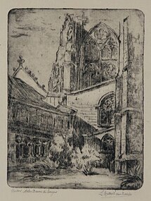 Cloître Notre-Dame de Tongres, 1920-1930 (gravure sur papier ; Inv. musée de la Vie wallonne no MVW-2036493 ; 24,5 × 19 cm), Liège, musée de la Vie wallonne.