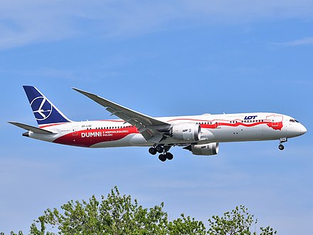 In 2018, two new aircraft (this Boeing 787–9 Dreamliner on approach to John F. Kennedy International Airport, and a Boeing 737 MAX 8) were painted in liveries commemorating Poland's independence.