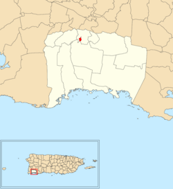 Лажас муниципалитеті ішіндегі қызыл түспен көрсетілген Лайас баррио-пуэблоның орналасқан жері