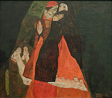 Le Cardinal et la Nonne, huile sur toile d'Egon Schiele (1912, musée Leopold, à Vienne). (définition réelle 3 019 × 2 641)