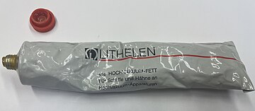 Tube of grease ("Fett" in German) made from lithium soap. LithiumGrease.jpg
