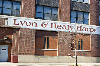 The Lyon & Healy building at 168 North Ogden Avenue in Chicago, Illinois, as seen in a 2006 photograph. Lyon Healy Harp.jpg