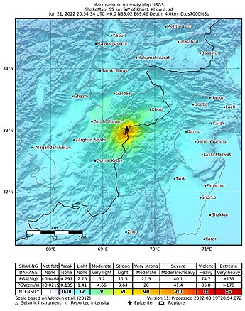 A strong ground motions map by the USGS showing the varying levels of intensities felt across the region relative to the epicenter. M 5.9 - 46 km SW of Khost, Afghanistan - Shakemap.jpg