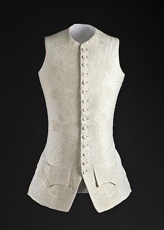 Man's waistcoat decorated with floral designs in corded quilting. Probably English, c. 1760. Los Angeles County Museum of Art, M.2007.211.813. Man's waistcoat with corded quilting c. 1760.jpg