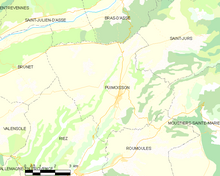 Mappa elementare che mostra i confini del comune, i comuni limitrofi, le zone di vegetazione e le strade