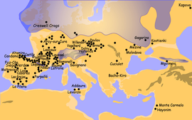 Distribution of Paleolithic settlements in Europe. Map of Palaeolithic Art.png