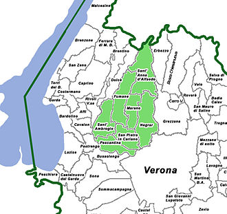 Bigolona has a long history of being grown in the Valpolicella region (highlighted) in the province of Verona, located east of Lake Garda. MappaValpolicella.jpg