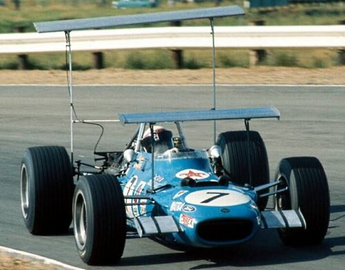 Jackie Stewart in his Matra MS10, equipped with two wings