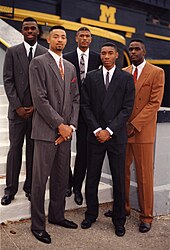 The Fab Five photographed by the University of Michigan athletic department in 1992. From left to right: Ray Jackson, Juwan Howard, Jalen Rose, Jimmy King and Chris Webber. Michigan Wolverines Fab Five in 1992.jpg