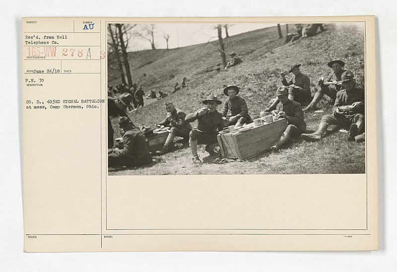 File:Military Administration - In Service of the Interior - Supply Service - Issuance of Rations in Camp - CO. D., 403RD SIGNAL BATTALION at mess, Camp Sherman, Ohio - NARA - 45501066.jpg