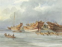 Ships moored off Chittagong in the late 1820s. Moored boats from Arakan or Chittagong.jpg