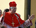 De patriarch van Venetië in rode koorkledij, bonnet met pompoen