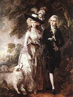 Portrait of Mr and Mrs William Hallett by Thomas Gainsborough, 1785. The painting features a larger type of Pomeranian than is now common. Mr and Mrs William Hallett.jpg