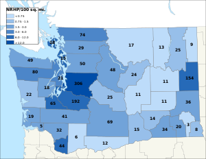 Distribuição de NRHPs nos condados de Washington.