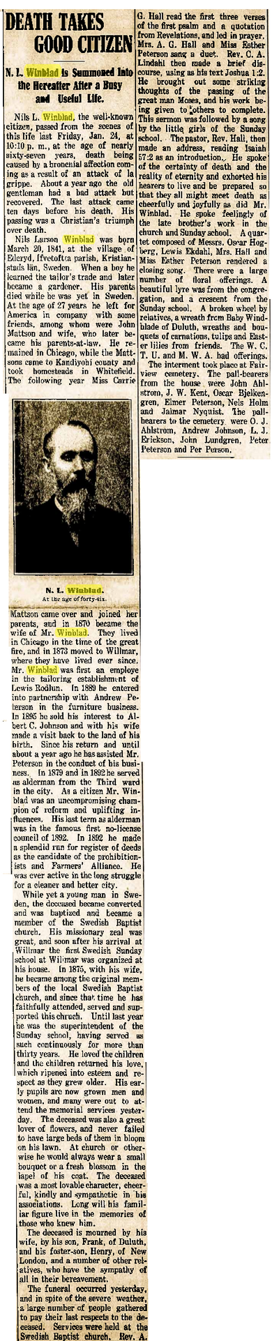 Thumbnail for File:Nels Larson Winblad (1841-1908) obituary in the Willmar Tribune of Willmar, Minnesota on 29 January 1908.png