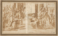 Signed advanced and revised study from 1649 (now in the Louvre), with most of the figures in their final positions other than two women who were omitted in the final painting.