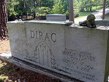 The tombstone of Dirac and his wife in Roselawn Cemetery, Tallahassee, Florida. Their daughter Mary Elizabeth Dirac, who died 20 January 2007, is buried next to them. Nima visits dirac.jpg