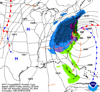 A winter storm (blizzard) in The United States, map: Noaa-forecast, 2016-01-22