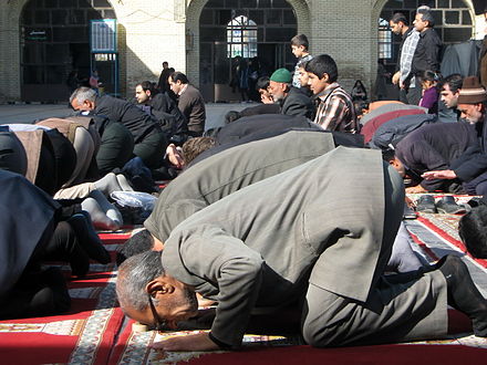A Muslim prayer in Sujud, Grand Mosque of Nishapur, Khorasan, Iran.