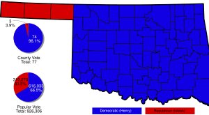 Oklahoma gubernatorial election 2006 results map. Red denotes counties won by Ernest Istook, Blue denotes those won by Brad Henry. Oklahoma 2006 gubernatorial election map.svg