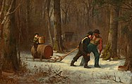 Eastman JohnsonAmerican, 1824 - 1906On Their Way to Camp1873oil on boardoverall: 48.9 x 75.2 cm (19 1/4 x 29 5/8 in.)framed: 77.2 x 103.8 x 7.6 cm (30 3/8 x 40 7/8 x 3 in.)Paul Mellon Fund and Gift of Jo Ann and Julian Ganz, Jr.2008.66.2