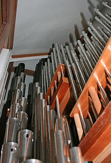 Inside the Frobenius-organ in Jorlunde church Organ Pipes in Jorlunde church.jpg