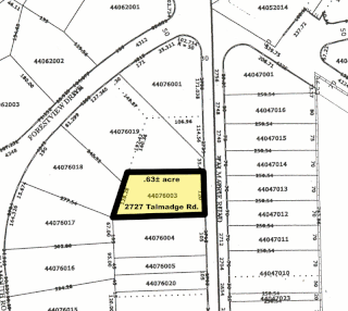 Plat map showing a piece of land, drawn to scale, with details such as nearby properties, boundaries, land size, flood zones, the surrounding neighborhood, easements, and monuments