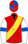 Red, yellow sash, white sleeves, royal blue armlets, red and royal blue quartered cap