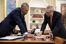 Counselor to the President John Podesta meets with President Obama in the Oval Office, January 29, 2015. P012915PS-0378 (20894940882).jpg