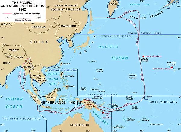 The Pacific theatre in 1942, showing Singapore on the Malay peninsula