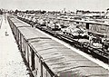 Güterbahnhof Haifa-Ost mit Shermanpanzer auf zwei Flachwagenzügen, 1946