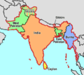 Britain's holdings on the Indian subcontinent were granted independence in 1947 and 1948, becoming four new independent states: India, Burma (now Myanmar), Ceylon (now Sri Lanka), and Pakistan (including East Pakistan, modern-day Bangladesh). Sikkim, then an independent country, is not shown on this map.