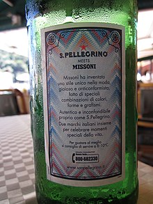 A temporary promotional design by two iconic Italian brands: a Pellegrino mineral water bottle with a Missoni-style label, 2010 Pellegrino Missoni label design.jpg