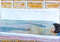tableau alignant de larges bandes de couleur horizontales figurant un carrelage et une baignoire, avec une forme féminine allongée dans l'eau