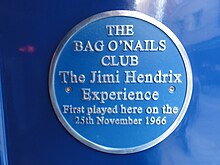 Doorway plaque commemorating Jimi Hendrix's performance at the venue Plaque in doorway of 9 Kingly Street.JPG