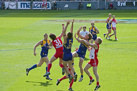 Daniel Chick and Tyson Stenglein in a marking contest against Sydney in the 2005 Grand Final.