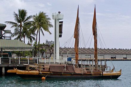 Hawaiiloa , a double-hull (catamaran) sailing canoe built as a replica of Polynesian voyaging canoes Polynesian canoe replica 1.jpg