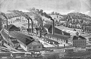 Lithograph showing the machine shop, erecting shop, foundry, blacksmith shop, and adjoining railroad tracks of the Poole ironworks. J. Thomas Scharf, History of Baltimore City and County, Philadelphia: Louis H. Evarts, 1881.
