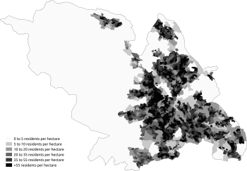 Population density in the 2011 census in Sheffield Population Density Sheffield 2011 census.png