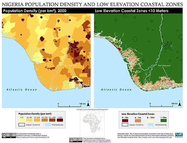 Population density and low elevation coastal zones in the Port Harcourt region. Port Harcourt is especially vulnerable to sea level rise.